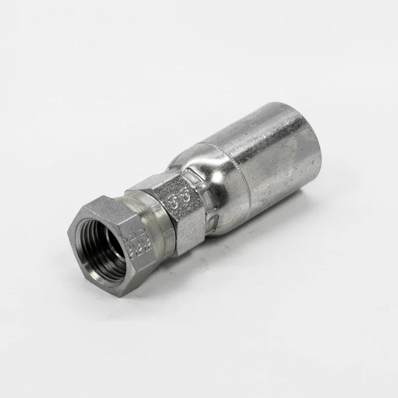 The 04U054 Weatherhead fitting, featuring a 1/4 hose connection on one end and a 1/4 NPT female swivel with a hexagonal nut on the other, displays a shiny, polished surface against the white background.