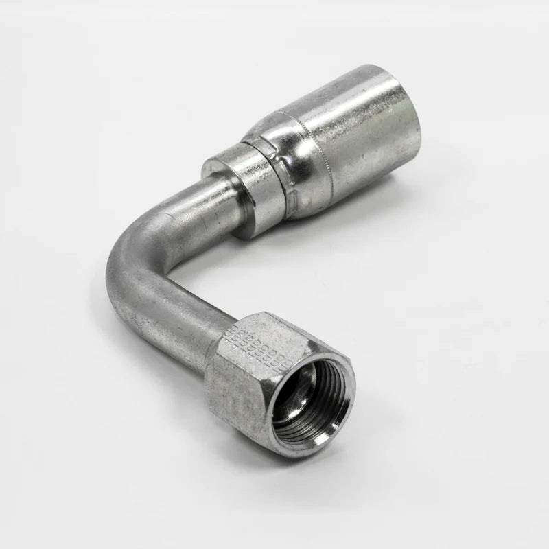 The Weatherhead 04U644 fitting is a shiny silver 1/4 hose to 1/4 JIC female connection with a 90-degree bend, featuring threaded ends for secure hose attachment. Its displayed on a plain white background.