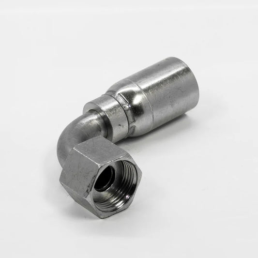 The 04UA24 Weatherhead hydraulic fitting has a silver metal finish and a 90-degree elbow design with a threaded end and smooth cylindrical body, set against a plain white background.
