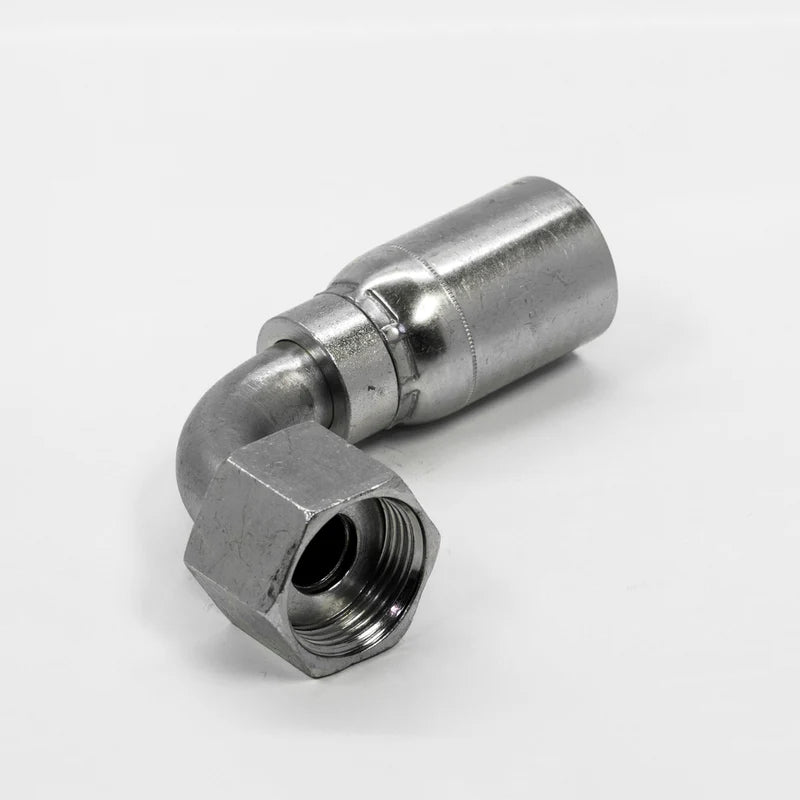 A detailed view of the Weatherhead 04UA26, a 1/4 hose to 3/8 ORFS female fitting with a metallic curved elbow design, shiny finish, and a hexagonal coupling nut at one end.