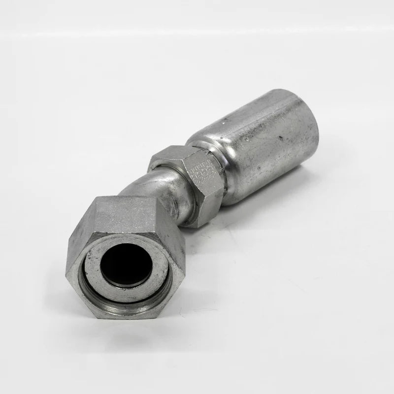 Close-up of the 04UL64 Weatherhead 1/4 Hose x 1/4 ORFS Female Fitting - 45 with a hexagonal nut and cylindrical connection, positioned against a white background. The fitting is angled, highlighting its threaded design.