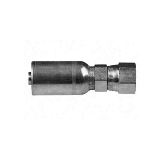 The 06U406 Weatherhead Swivel Fitting is a 3/8 SAE female hydraulic connector with threaded ends for joining hoses, showcased with a smooth finish on a plain white background.