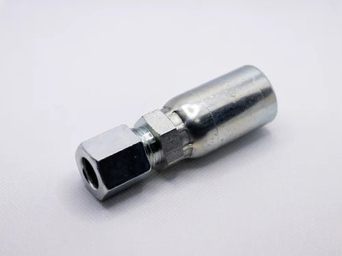 The 06U756 Weatherhead 3/8 Hose x 3/8 Flareless Female Fitting features a metallic hydraulic design with a hexagonal nut and a smooth cylindrical end, set against a plain white background.