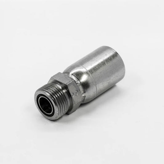 Close-up of the Weatherhead 06UE66, a metallic hydraulic hose fitting against a white background, featuring a 3/8 hose x 3/8 ORFS threaded male end and smooth cylindrical body, typically used in fluid connection systems.