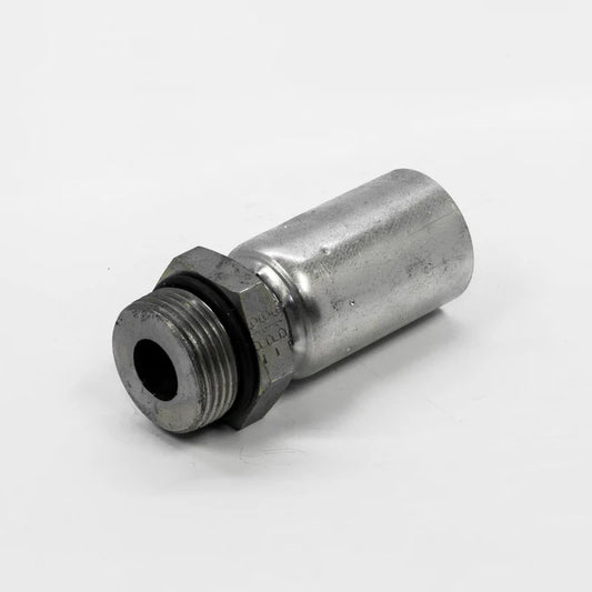 The 06UP08 | Weatherhead 3/8 Hose x 1/2 ORB Male Fitting - Straight is a sturdy metallic cylindrical connector with threaded ends on a plain white background, designed for industrial use and compatible with 100R1 hydraulic hose fittings. It features a hexagonal base for easy tightening.