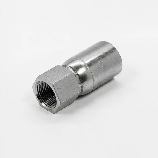 The 08U208 Weatherhead 1/2 Hose x 1/2 NPT Female Fitting, featuring a hexagonal bolt with a cylindrical extension, threaded interior, and smooth shiny exterior, is placed on a plain white background.