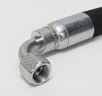 Close-up of a shiny silver 08U78P Weatherhead hydraulic fitting, featuring a 90-degree elbow and a 5/8 BSPP female end. Its attached to a black hose against a plain white background.