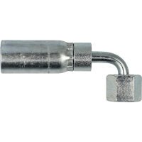Close-up of the 08UA30 | Weatherhead 1/2 Hose x 5/8 ORFS Female Fitting - 90, showcasing a metallic L-shaped design with a cylindrical body on one end and a hexagonal nut on the other, featuring a shiny surface for plumbing or mechanical applications.