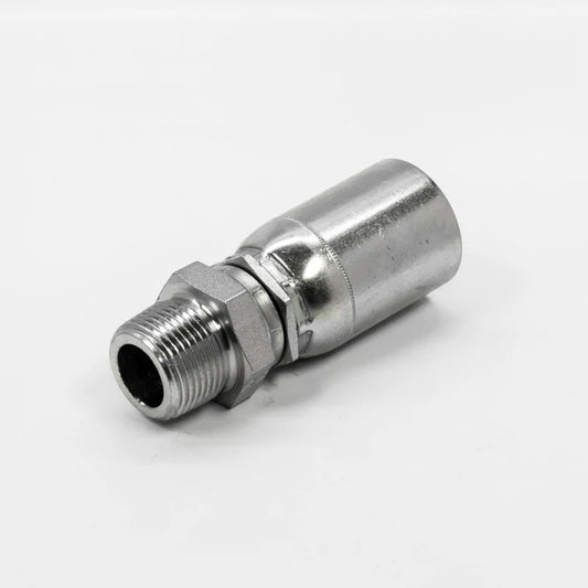 The 08UJ08 Weatherhead 1/2 Hose x 1/2 NPT Male Swivel Fitting is metallic, shiny, and cylindrical with hexagonal features for tightening, showcased against a plain white background.