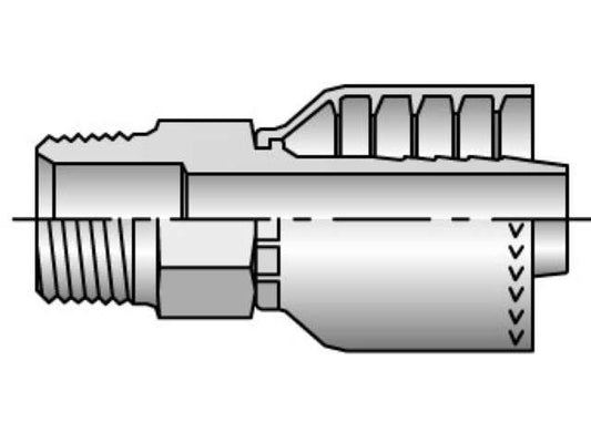 Diagram of a mechanical fitting with threaded sections, showcasing a cross-sectional view. It features a cylindrical design with inner ridges and external grooves, indicating its function as a Male NPTF Pipe connector or 71 Series Crimp Type Hose End for pipes or hoses, specifically the Parker 10171-20-20 model.