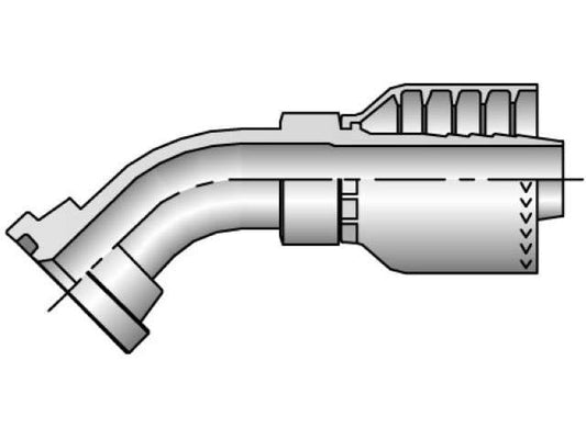 Illustration of a Parker 11771-20-20 SAE Code 61 Flange Head with a curved section resembling a 45-degree elbow and an attached cylindrical component. The fitting, designed in the Parkrimp Crimp Style, features a flared end and includes diagonal lines to indicate texture or connection.