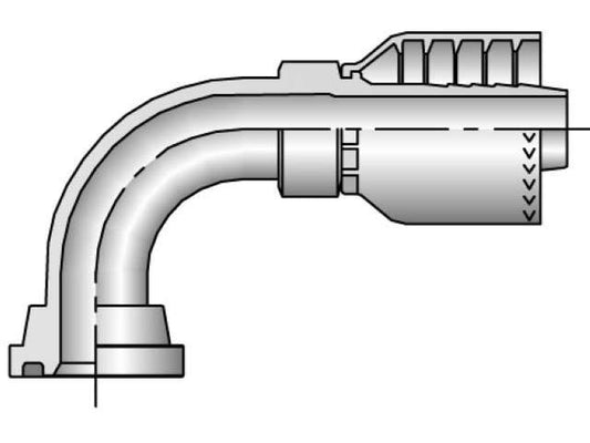 Illustration of Parker 11971-10-10, a metal pipe showcasing a 90-degree bend and various detailed sections, featuring an SAE Code 61 Flange on the flanged base, an elbow curve, and a ridged connector that seamlessly integrates with Parker 71 Series Fittings.