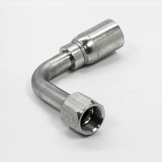 The Weatherhead 12U652 is a 3/4 hose fitting with a 90-degree long bend, complete with a JIC female connector and hex nut. Suitable for 100R1 hydraulic hoses, it is displayed on a white background.