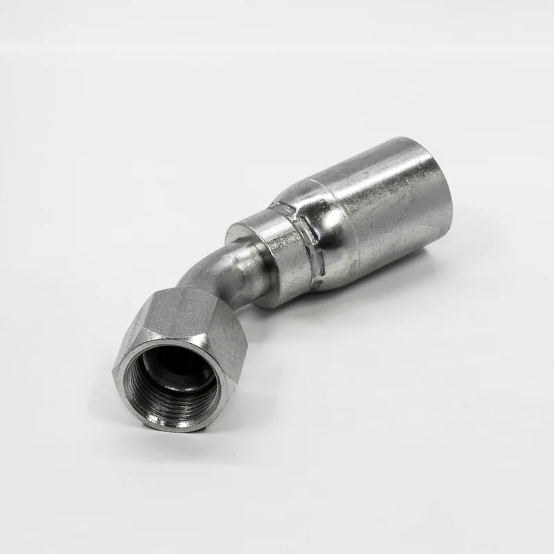 The 12U696 Weatherhead hydraulic fitting, featuring a 3/4 hose connection and a 1 JIC female end with a 45-degree angled design, rests on a plain white background. It includes a hexagonal connector and an angled tube for compatibility with various hoses.