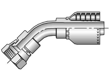 Illustration of a Parker 13971-20-20, demonstrating a metal hydraulic hose fitting with a swivel 90-degree elbow. The component includes detailed connections and a threaded end on the left, and the ridged top indicates where the JIC 37-degree hose attaches.