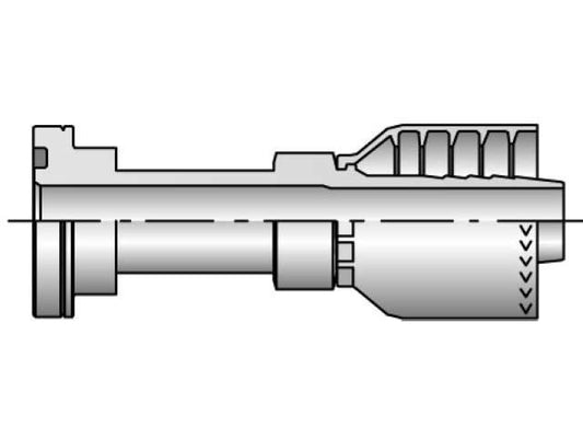 A technical diagram presents a mechanical component featuring a cylindrical chamber, highlighted with grooves and angled lines on the right side to indicate airflow or energy direction. This symmetrical design may include features such as the Parker 16A71-20-20 Flange Head.