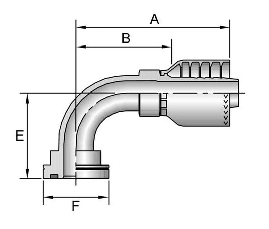 Illustration of a Parker 16N71-16-16 pipe elbow fitting with dimensions labeled: A, B, E, F. The fitting is designed as a right-angle connector and includes grooves on one end along with a threaded section on the other. These specifications allow for precise installation with 71 Series Fittings or a Parker Hydraulic Spiral Hose.