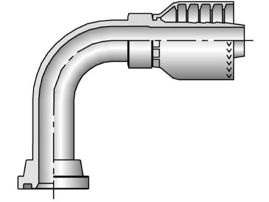 Diagram of a 90-degree elbow pipe fitting in the Parker 18971-16-16 Series, featuring a threaded connection at one end and a ribbed connector at the other. The gray-scale illustration highlights the curves and connection points.
