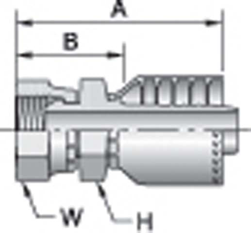 Technical illustration of the Parker 1GU71-20-20 metal hydraulic fitting with labeled dimensions: A, B, W, and H. This fitting includes a threaded end compatible with BSP Parallel Pipe, a hexagonal nut, and a ribbed section for hose attachment. It is ideal for use with Hydraulic Spiral Hose in Parkrimp crimpers.