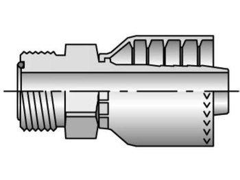 A technical diagram of the Parker 1J071-10-10, a metal hose connector with a threaded end and ribbed section for secure attachment features, highlights the O-Ring Face Seal. The cross-sectional details include a measurement line indicating dimensions to ensure compatibility with Parker Hydraulic Spiral Hose systems.