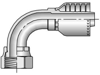 Diagram of the Parker 1J971-24-24 metal elbow pipe fitting featuring a threaded female end. It curves at a 90-degree angle and includes textured grip details on the opposite end, designed for compatibility with Parker 71 Series connections, ensuring secure integration in hydraulic systems.