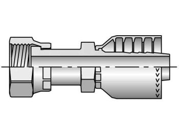 Diagram of a Parker 1JS71-10-8 Hydraulic Spiral Hose fitting with a cutaway view, displaying internal components and structure. The Seal-Lok Fitting features threading, a nut, and a barbed end for securing the hose. Arrows indicate the flow direction through the fitting.