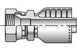 Diagram of a Parker 1XU71-12-12 hydraulic hose fitting, featuring a cross-section view with threaded and barbed components for connecting hydraulic spiral hoses. Steel fittings are prominently shown, ensuring durability and secure connections.