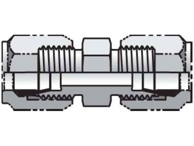 Cross-sectional diagram of the 32 HBU-SS | Ferulok 24° Flareless Fitting in stainless steel, featuring threaded hydraulic connections on both ends and an internal tube connecting both sides.