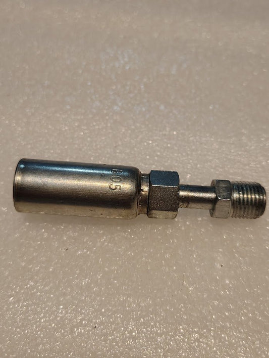 The 04U-B05 Weatherhead 1/4 Hose x 5/16 Inverted Male Fitting (CS18-4X5) with a cylindrical sleeve, hex nut, and threaded end is shown on a textured white surface.