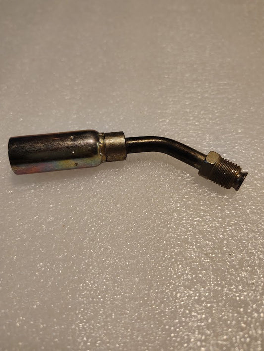 A Weatherhead 04U-B45 1/4 hose x 5/16 inverted male fitting (CS19-4X5) with a curved neck and threaded end is shown resting on a textured white surface.