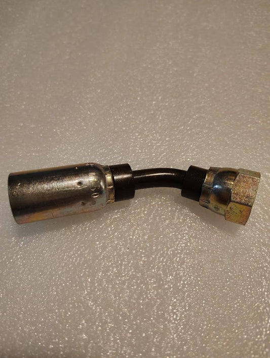 A close-up of the 06U-46P Weatherhead 3/8 Hose x 3/8 BSPP Female Fitting (CS43-6X6), featuring a bent black segment, highlights its durable, precise construction typical of quality hydraulic hose fittings on a white surface.