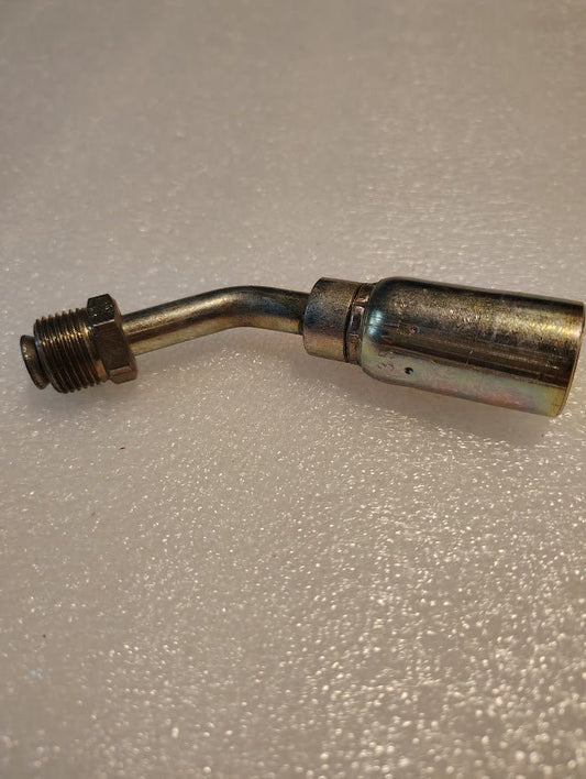 A close-up of the 06U-B47 | Weatherhead 3/8 Hose x 7/16 Inverted Male Fitting (CS19-6X7) with a bent neck and threaded end, placed on a textured surface, typically used for secure hydraulic hose connections.