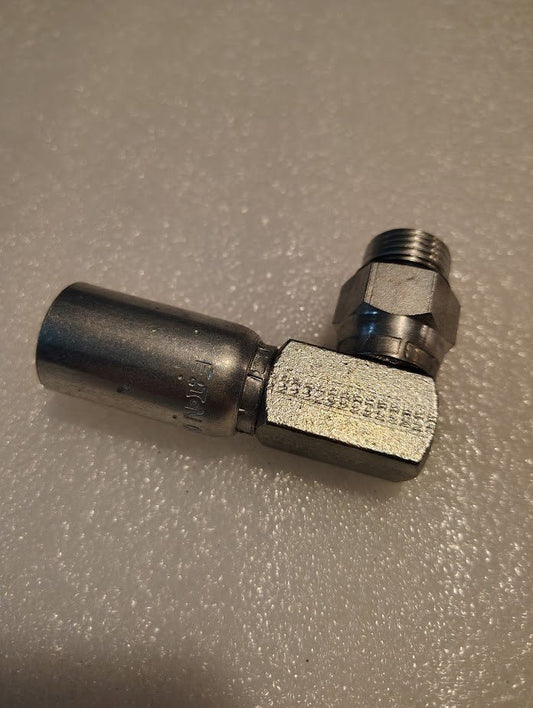 The Weatherhead 06U-R68 CS15-6X8 is a metal right-angle pipe fitting with a hexagonal nut and threaded end for 3/8 hose x 1/2 ORB male, shown on a textured light gray surface.