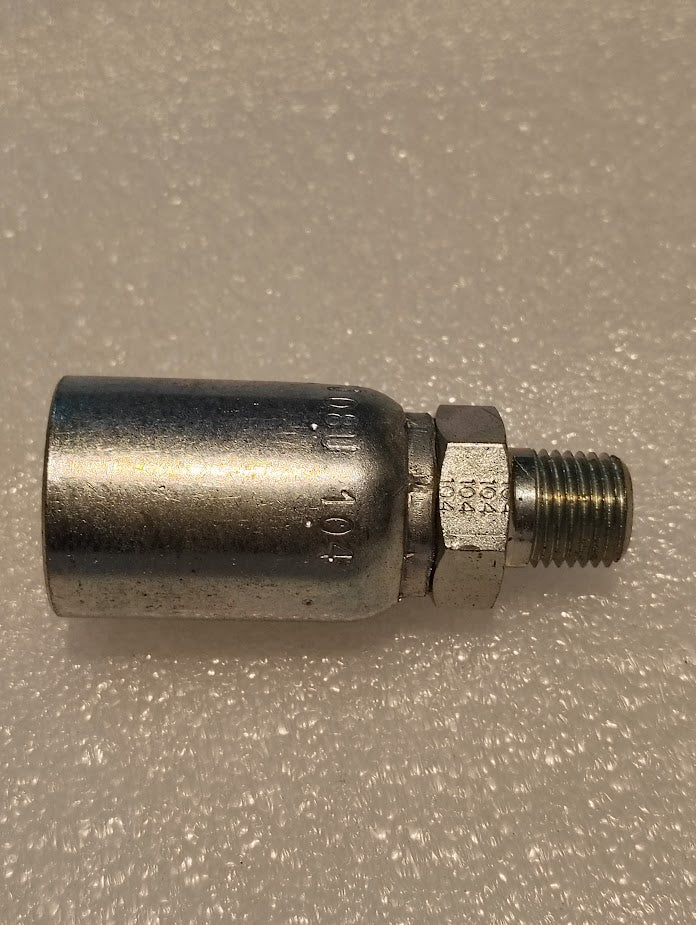 A close-up photo of the 08U-104 Weatherhead 1/2 Hose x 1/4 NPTF Male Fitting (CS01-8X4), a metal hydraulic fitting with hex nut, compatible with 100R1 hoses, shown on a textured, light-colored surface.