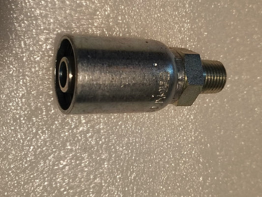 A close-up of the 08U-104 | Weatherhead 1/2 Hose x 1/4 NPTF Male Fitting (CS01-8X4) with a threaded end, shown on a textured white surface.