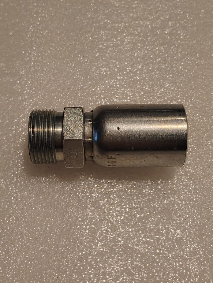 A Weatherhead 08U-16F straight solid fitting with a M24x1.5 DIN male end is placed on a textured white surface. The hexagonal section near the threaded end facilitates wrench use for easy application in hydraulic systems.