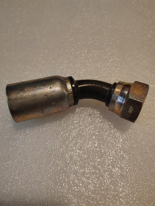The 08U-48P Weatherhead 1/2 Hose x 1/2 BSPP Female Fitting (CS43-8X8) has a bent black section with cylindrical and hexagonal ends, designed for 100R style hoses and shown on a textured, light-colored surface.