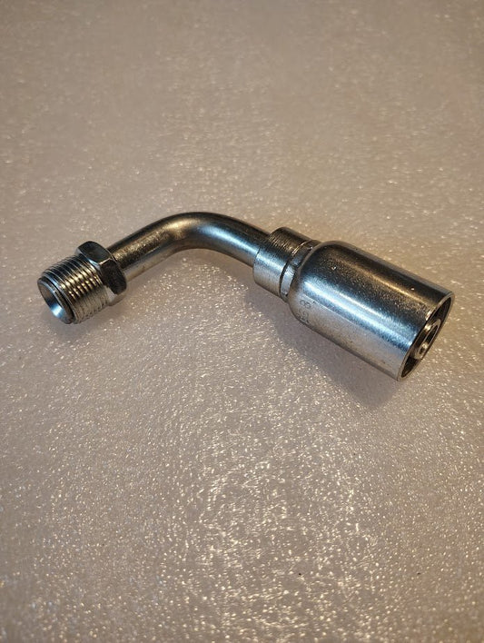 The 08U-B68 Weatherhead 1/2 Hose x 1/2 Inverted Male Fitting (CS20-8X8) is a metal hydraulic fitting with a 90-degree bend, perfect for compatible hoses and Weatherhead systems.