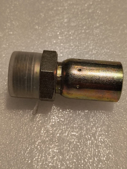 The 08U-E72 Weatherhead 1/2 Hose x 3/4 ORF Male Fitting (CS29-8X12) with a hexagonal nut and cylindrical end cap is shown on a textured white surface.
