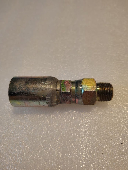 A Weatherhead 08U-J06 1/2 hose x 3/8 NPTF male fitting (CS04-8X6) for 100R1 hoses with a crimped collar rests on a textured white surface.