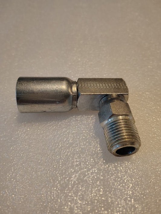 The 08U-M08 Weatherhead 1/2 Hose x 1/2 NPTF Male Fitting (CS14-8X8) with a hexagonal body and threaded ends is displayed on a textured white surface; compatible with 100R16 hoses.