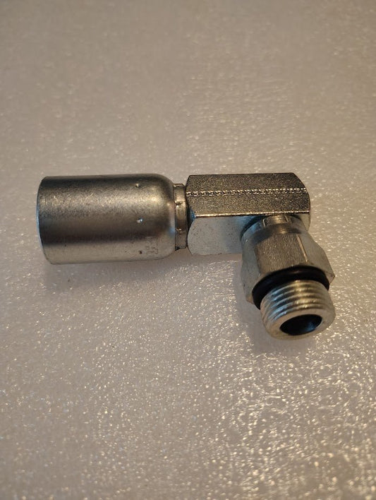 The 08U-R68 Weatherhead 1/2 Hose x 1/2 ORB Male Fitting (CS15-8X8), a metal right-angle fitting with a hex nut and threaded end, is shown on a textured white surface, compatible with hydraulic hose systems.