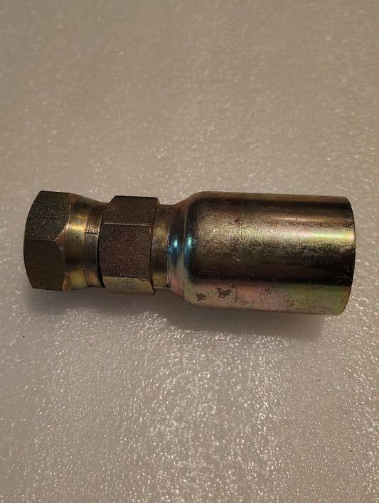 The Weatherhead 16U-614 fitting (1 hose x 7/8 JIC female, CS09-16X14) is a metal hydraulic adapter with a hex nut and cylindrical crimp sleeve, compatible with 100R series hoses, shown on a textured, light surface.
