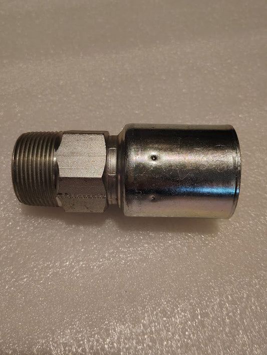 The 20U-120 Weatherhead fitting (CS01-20X20) is a steel 1 1/4 hose x 1 1/4 NPTF male hydraulic connector with hex nut, designed for pipe or hose connections compatible with 100R1 hydraulic hose fittings.