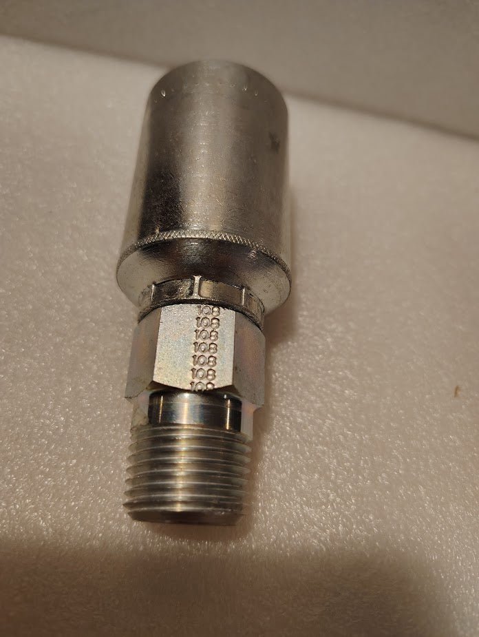 A close-up of a Weatherhead 43008U-108, a 1/2 Hose x 1/2 NPTF Male Fitting (GW01-8x8), with threaded end and engraved numbers, resting on a textured white surface and highlighting its hose compatibility.