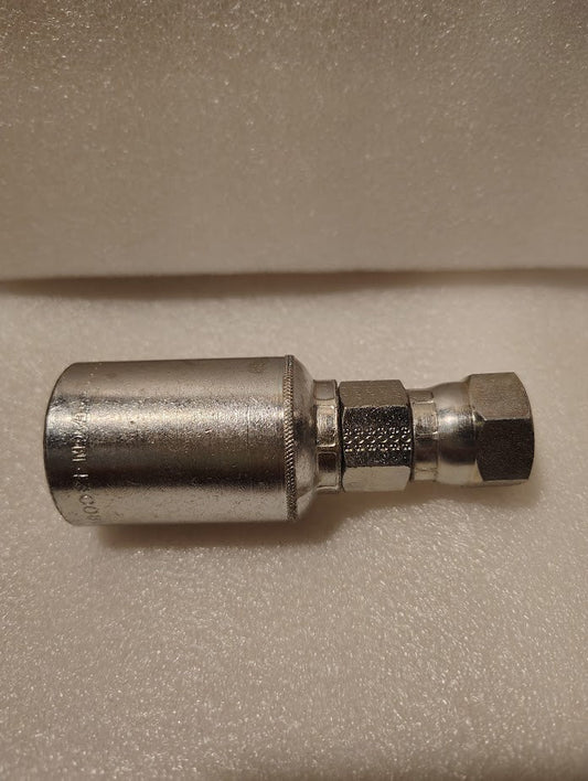 A Weatherhead 43008U-608 GW09-8x8 1/2 hose x 1/2 JIC female fitting with a cylindrical body and hexagonal nut is shown from the side, resting on a textured white foam surface.