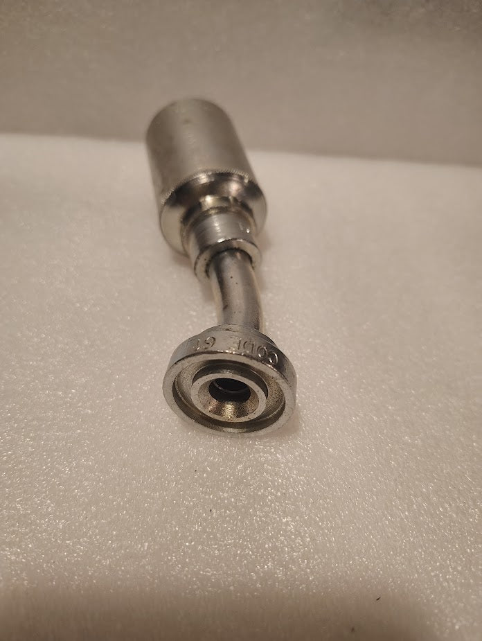 A close-up photo of the 43008U-H01 GW48-8x8, a metallic 1/2 hose x 1/2 Code 61 flange fitting with a 22.5° bend, placed on a white textured surface, commonly used with hydraulic hose fittings.