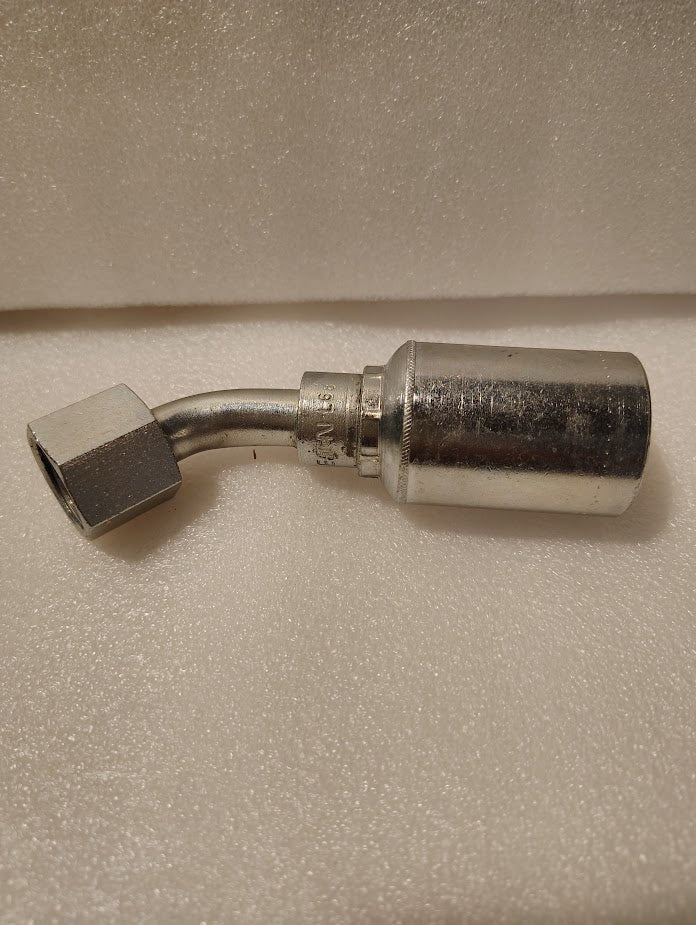 A Weatherhead 43008U-L68 1/2 hose x 1/2 ORFS female fitting (GW31-8x8) with a 90-degree bend, hex nut on one end, and cylindrical sleeve on the other, shown on a textured white surface—compatible with various hydraulic hose fittings.