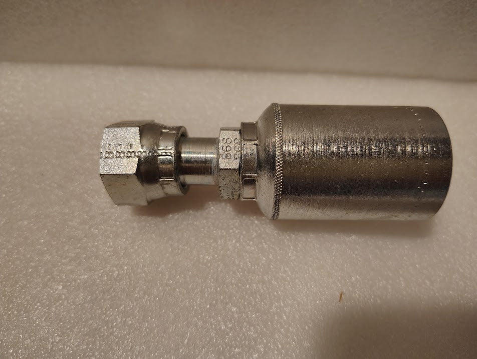 A close-up photo shows a metallic Weatherhead 43008U-S68 fitting (1/2 Hose x 1/2 ORFS Female, GW30-8x8) with a hexagonal nut and cylindrical body resting on a white textured surface.