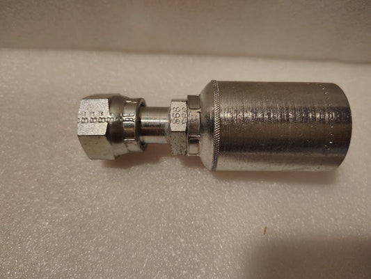 A close-up photo shows a metallic Weatherhead 43008U-S68 fitting (1/2 Hose x 1/2 ORFS Female, GW30-8x8) with a hexagonal nut and cylindrical body resting on a white textured surface.